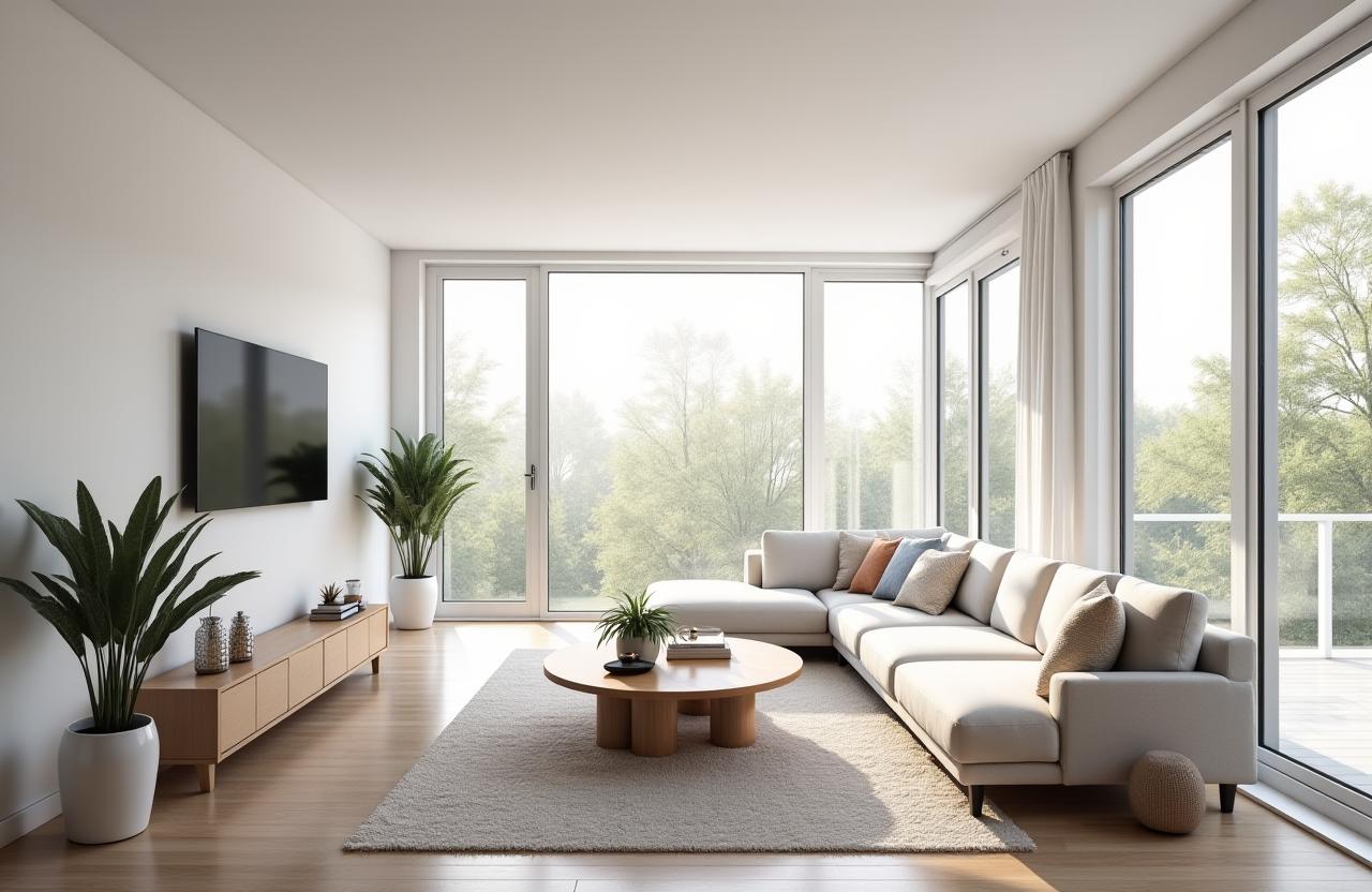 Bright and modern renovated living room with large windows