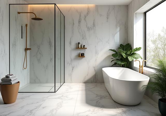 A spa-like bathroom with a glass shower and freestanding tub after renovation.