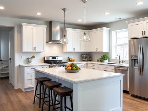 A beautifully remodeled modern kitchen with a quartz island.
